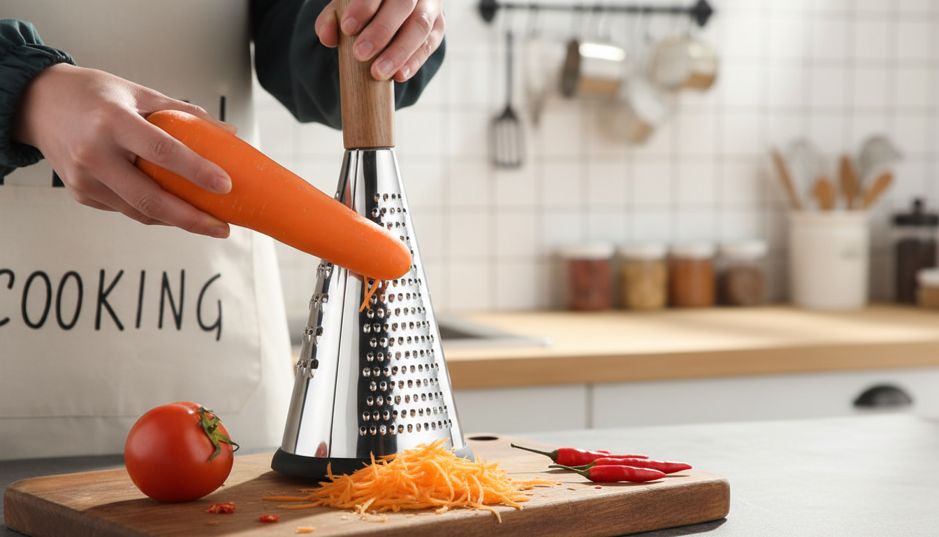 Vertical Stainless Grater: Wooden Handle 3-in-1 Manual
